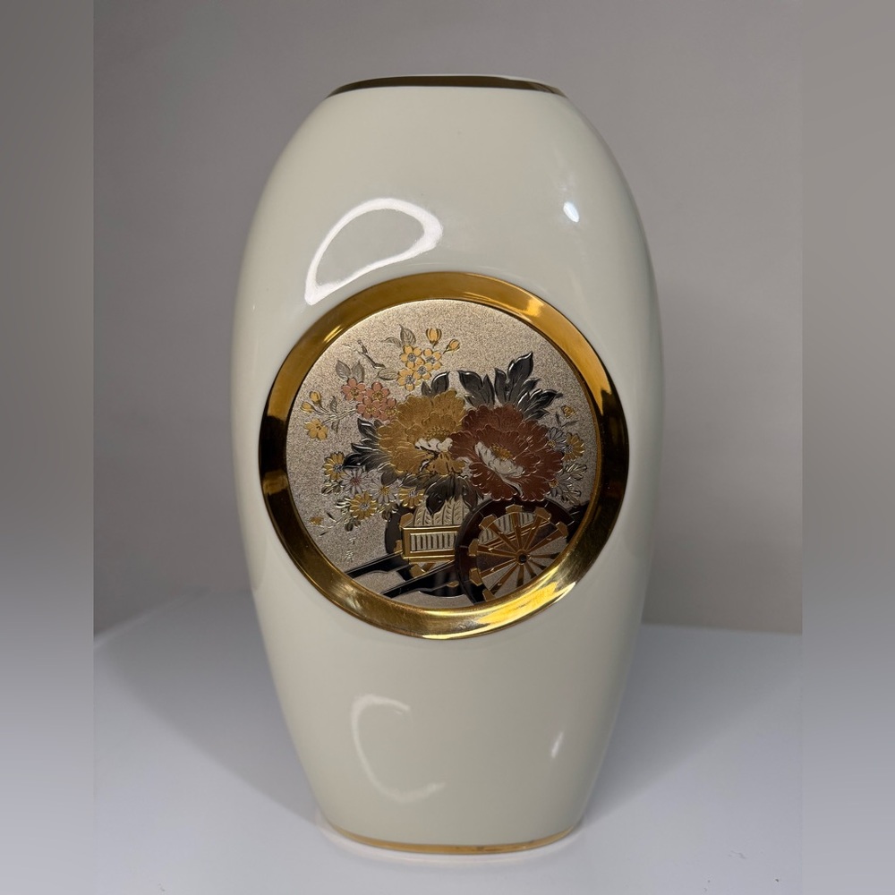 Chokin vase white gold flower vintage decoration